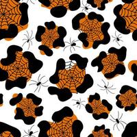 Halloween senza soluzione di continuità modello con ragni e ragno ragnatele su leopardo Stampa. elegante spaventoso vacanza struttura Perfetto per regalo avvolgere, casa arredamento e tessile vettore