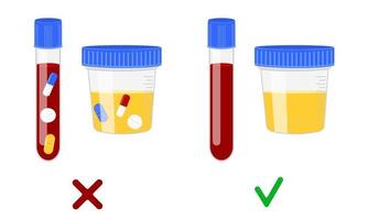 campioni di sangue e urine con e senza farmaci diversi. controllo del doping nello sport, concetto di test antidoping post incidente vettore