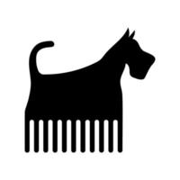 icona del cane toelettatore. sagoma di cucciolo uniti con pettine. simbolo del salone di parrucchiere per animali domestici vettore