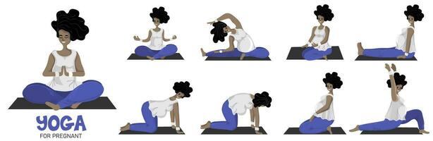 yoga per incinta. bella africano americano incinta donna fare yoga, avendo salutare stile di vita e rilassamento, esercizi per incinta donna vettore
