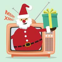 Santa clausola con regali e dire allegro natale a partire dal tv emittente piatto design vettore illustrazione. allegro Natale e contento nuovo anno saluto carta modello.