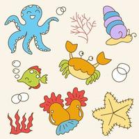 set di grandi scarabocchi disegnati a mano isolati di animali marini nel concetto di capretto, illustrazione vettoriale piatta colorata