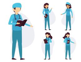 set di personale medico in personaggi dei cartoni animati diverse azioni vettore