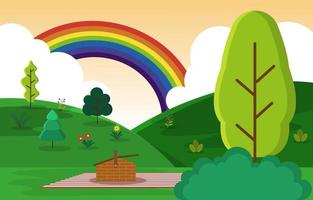 bellissimo arcobaleno estate colline prato natura paesaggio illustrazione vettore