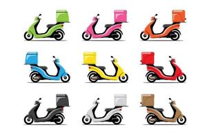 set di icone colorate di grande vettore isolato moto, illustrazioni piatte di varie moto colorate. consegna bici, consegna pizza e cibo, consegna immediata, consegna online.
