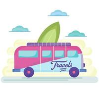 furgone con un' tavola da surf colorato Pasticcino viaggio manifesto vettore illustrazione