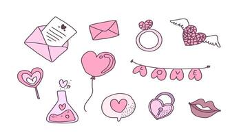 raccolta di grandi elementi d'amore disegnati a mano isolati incastonati nel concetto di San Valentino, illustrazione vettoriale piatta per biglietti d'invito di San Valentino e decorazione della pagina page