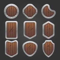 set di icone per elementi di gioco isometrici, illustrazione vettoriale isolata colorata di scudi in legno di gioco per concetto di gioco piatto astratto abstract