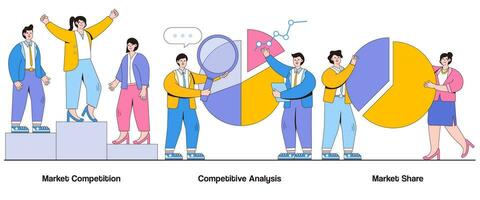 mercato concorrenza, competitivo analisi, mercato Condividere concetto con carattere. competitivo paesaggio astratto vettore illustrazione impostare. differenziazione strategie, competitivo vantaggio metafora
