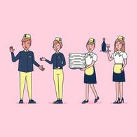 collezione di personaggi di catering grande set isolato illustrazione vettoriale piatta indossando uniformi professionali, stile cartone animato sul tema dell'hotel