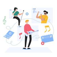 lavorare sulla musica di musicisti modello web, modello web schermo in stile cartone animato per telefono cellulare, pagina di destinazione, modello, interfaccia utente, web, app mobile, poster, banner, illustrazione vettoriale piatta