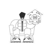 raffigurazione di un' maschio figura stringendo un IoT logo nel vettore linea arte