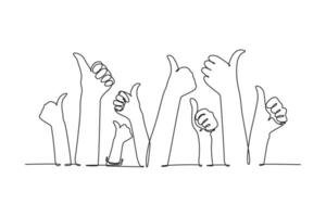 singolo uno linea disegno persone braccio mani raccolta con pollice su gesto. bene servizio eccellenza nel attività commerciale industria settore cartello concetto. moderno continuo linea disegnare design grafico vettore illustrazione