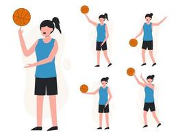 set di donna che gioca a basket in personaggi dei cartoni animati vector