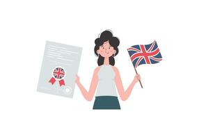 donna insegnante Spettacoli quello è tempo per imparare inglese. il concetto di insegnamento inglese. isolato. di moda cartone animato stile. vettore illustrazione.