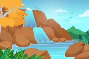 illustrazione vettoriale stile cartone animato di cascata sullo sfondo del paesaggio della foresta