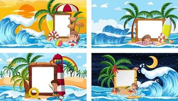 set di diverse scene di spiaggia tropicale con banner bianco vettore