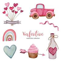 set di elementi di san valentino cup cake, auto, cuore e altro ancora. modello per kit di adesivi, auguri, congratulazioni, inviti, pianificatori. illustrazione vettoriale