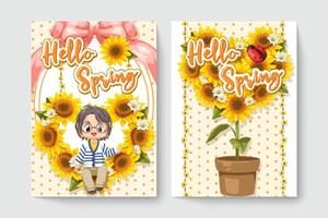 ragazzino seduto su una cornice wattercolor girasole in tema primaverile. illustrazione per opere d'arte di moda per bambini, libri per bambini, stampe, grafica per magliette. vettore