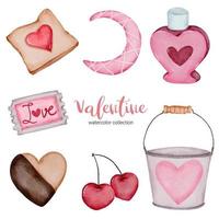 San Valentino elementi impostati ciliegia, secchio, caramelle e altro ancora. modello per kit di adesivi, auguri, congratulazioni, inviti, pianificatori. illustrazione vettoriale