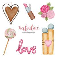 elementi del set di San Valentino, cuore, regalo, rossetto, caramelle ed ecc. Modello per kit di adesivi, auguri, congratulazioni, inviti, pianificatori. illustrazione vettoriale