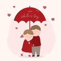 felice giorno di san valentino concetto di festival con carattere minuscolo. amorevole giovane azienda ombrello sotto la pioggia di cuori e amore emozione piatto illustrazione vettoriale. vettore