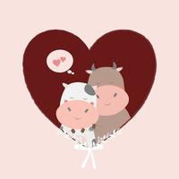 adorabile coppia di vacche all'interno di un oggetto isolato cuore. illustrazione di mucca. illustrazione di san valentino vettore