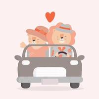 due simpatiche coppie di leoni alla guida di un'auto con sfondo cuore amore sul retro. illustrazione sull'amore e il giorno di san valentino. vettore