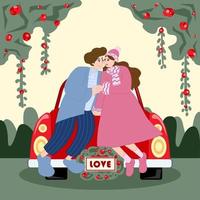 due amanti felici seduti in cima alla macchina e si guardano. illustrazione elegante di design moderno. carta di San Valentino. vettore