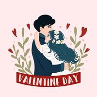 biglietto di San Valentino, illustrazione vettoriale, coppia felice, amore, abbracci, personaggi dei cartoni animati, appuntamento romantico romantic vettore