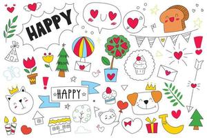 contorno disegnato a mano doodle set di oggetti e simboli sul tema della celebrazione, del nuovo anno e del compleanno. illustrazione vettoriale. vettore