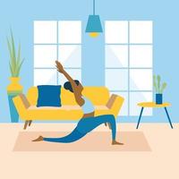 giovane donna in buona salute che pratica yoga nel soggiorno, weekend rilassante a casa. illustrazione vettoriale. allenamento, esercizio fisico, fitness, indoor, meditazione, stile di vita, concetto di stare a casa