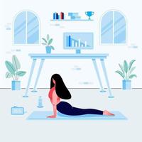 giovane donna che fa esercizio di yoga nel posto di lavoro domestico. sfondo interno della stanza accogliente con laptop, piante, immagini, tavolo e sedia. illustrazione vettoriale piatto.