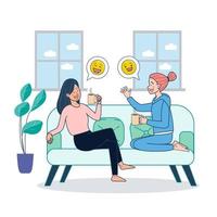 due ragazze sedute sul divano che bevono caffè e spettegolano dentro casa. grande illustrazione vettoriale isolato con sfondo bianco