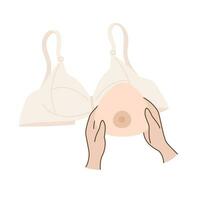 mani Tenere Seno protesi. Seno protesi e inviare chirurgia reggiseno per Seno cancro paziente dopo mastectomia. vettore illustrazione.