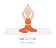 loto yoga posa. padmasana. anziano donna praticante yoga asana. salutare stile di vita. piatto cartone animato carattere. vettore illustrazione