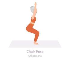 sedia yoga posa. utkatasana. anziano donna praticante yoga asana. salutare stile di vita. piatto cartone animato carattere. vettore illustrazione