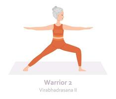 guerriero 2 yoga posa. virabhadrasana ii. anziano donna praticante yoga asana. salutare stile di vita. piatto cartone animato carattere. vettore illustrazione