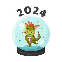 bicchiere neve globo con un' piccolo Drago Tenere un' regalo, concetto di il anno di il Drago. nuovo anno 2024 illustrazione. cartolina con Cinese Drago. bicchiere palla con neve. bambini illustrazione. vettore