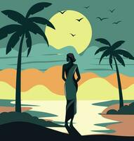 vettore piatto illustrazione ragazza su vacanza su il spiaggia a piedi lungo il riva spiaggia mare brezza sabbia mare bellissimo tramonto e palma alberi