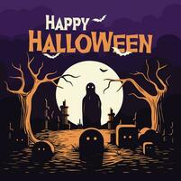 contento Halloween manifesto festa invito sfondo con fantasma nel cimitero contro pieno Luna nel vettore illustrazione. piatto design stile, arancia e viola colore.