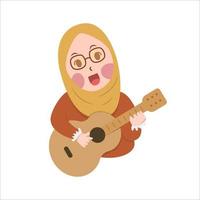 felice ragazza carina hijab che suona la chitarra e canta illustrazione vettoriale di design piatto del fumetto