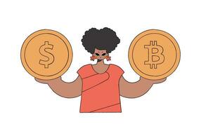 donna Tenere bitcoin e dollaro moneta. personaggio di moda stile. vettore