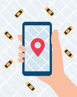 app di servizio taxi online. mano con smartphone e applicazione taxi sullo sfondo della mappa della città. illustrazione vettoriale in stile piatto