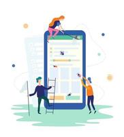 persone che rilevano bug sull'app mobile. it test delle applicazioni software, garanzia della qualità, team di controllo qualità e concetto di correzione dei bug. illustrazione vettoriale in stile piatto su sfondo bianco