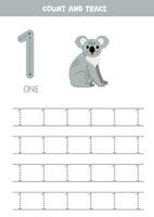 tracciare numeri. numero 1 uno. carino cartone animato koala. vettore
