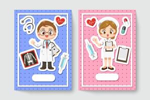 carta di allegro dottore e infermiere nel personaggio dei cartoni animati vettore