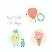 set di personaggi dei cartoni animati di frutta con le vacanze estive vettore