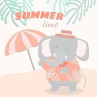 l'adorabile elefante ha una vacanza sulla spiaggia in estate vettore