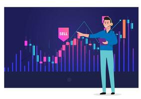 tecnico analisi commerciante per analizzare azione mercato o crypto moneta dati movimento, tendenza analisi per prendere profitto, acquistare e vendere indicatore grafico concetto, uomo d'affari commerciante ingrandire candeliere grafico. vettore